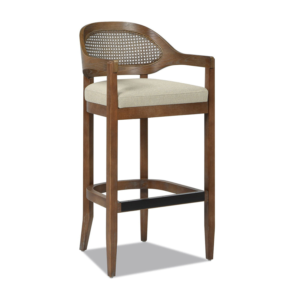 Mid-Century Cane Back Counter Stool beige upholstered seat, brown wood, HouseOfZazla on Tampa Home & Garden Store