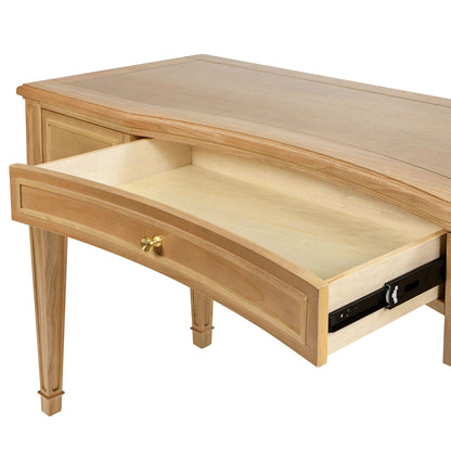 Executive desk Dauphin 3-drawer, light brown wood with brass knob, curved front drawer open on Tampa Home & Garden Store