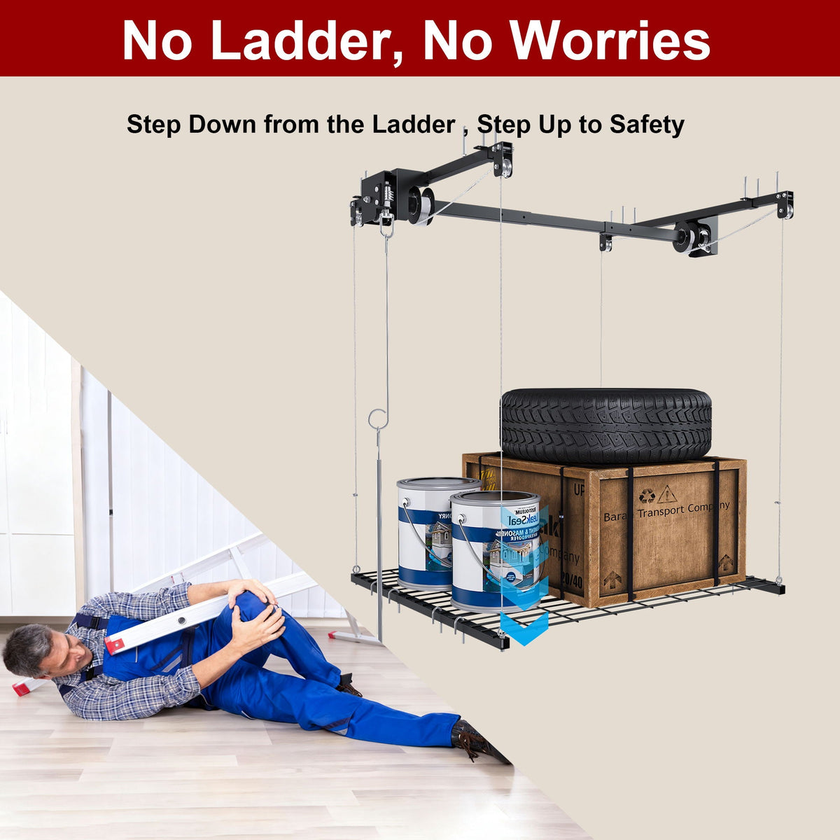 Overhead garage storage rack with crank system in black metal by HouseOfZazla, stores tires on Tampa Home & Garden Store