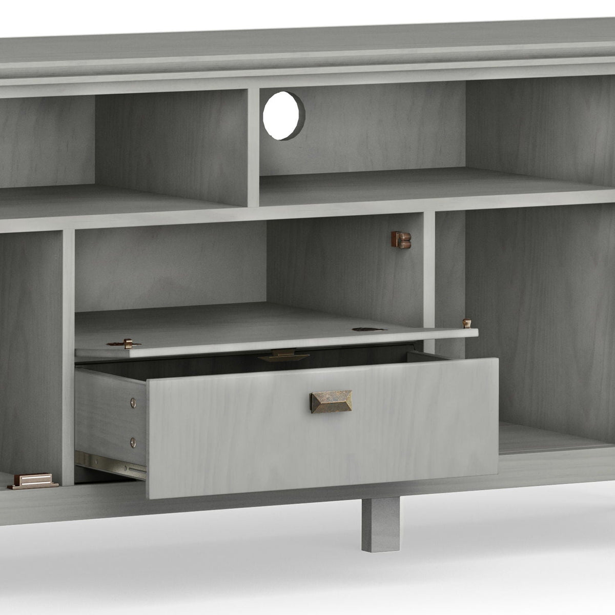 Artisan solid wood TV stand with flip drawer, gray finish, cable hole, HouseOfZazla on Tampa Home & Garden Store