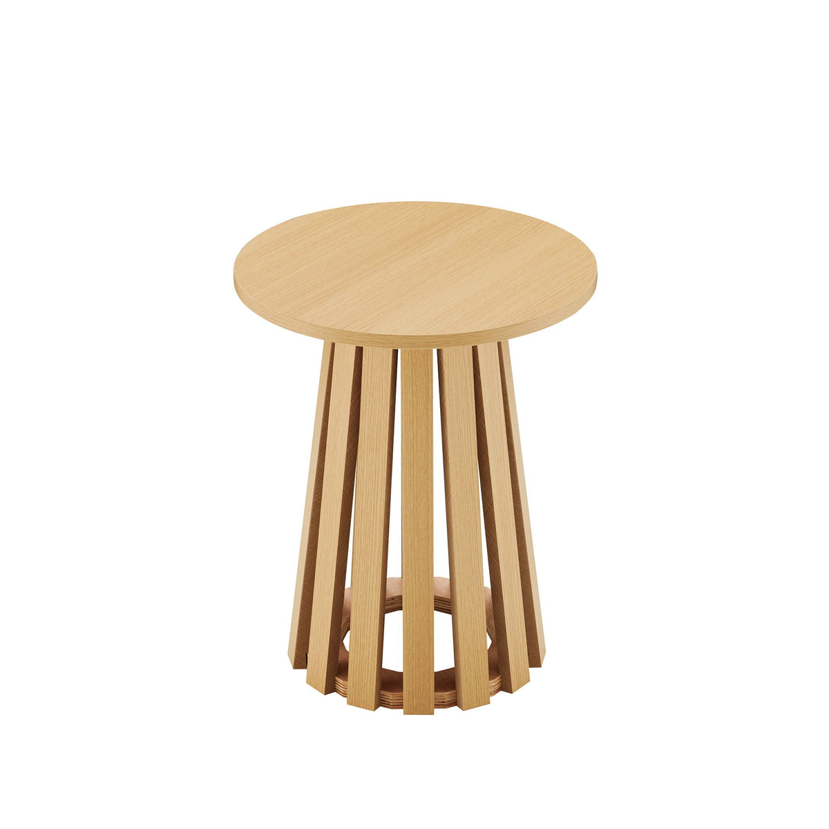 Layla End Table with wood grain finish, round light brown top and slatted base on Tampa Home & Garden Store
