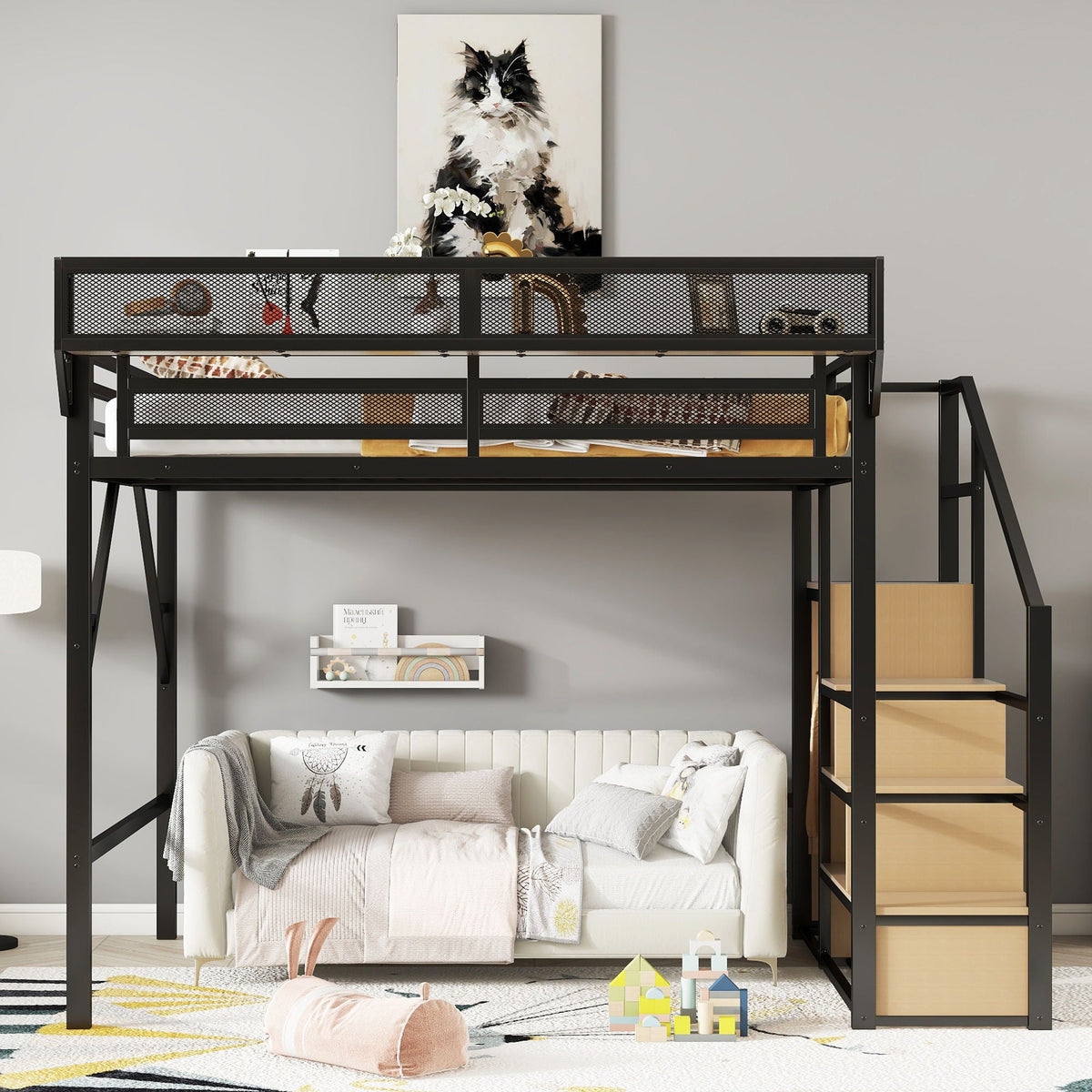 Queen size loft bed in black metal with wood stairs, mesh panels, and built-in storage on Tampa Home & Garden Store