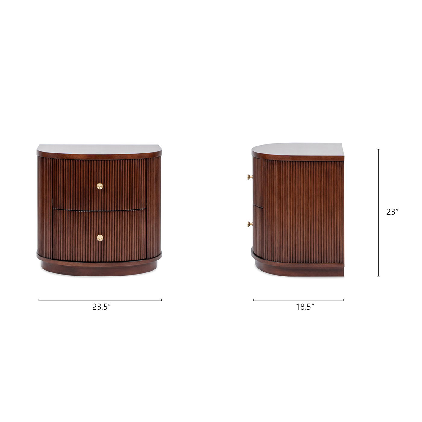 Valentine 2-Drawer Storage Side Table in dark walnut with ribbed front and brass knobs on Tampa Home & Garden Store
