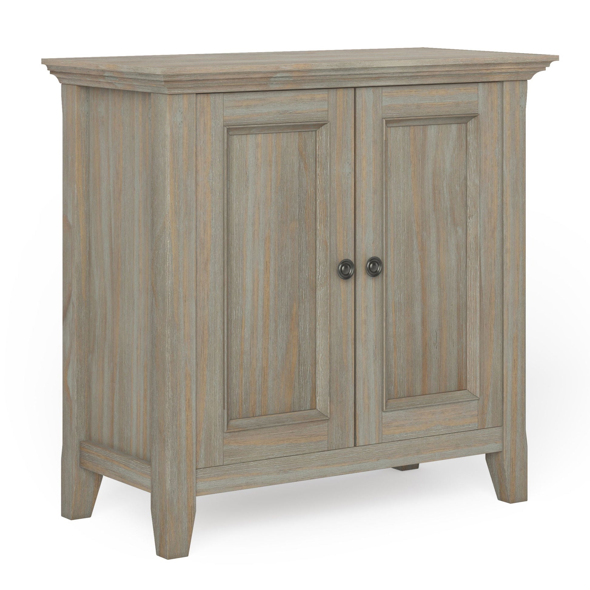 Amherst Handcrafted Low Storage Cabinet, rustic weathered gray wood with two panel doors on Tampa Home & Garden Store