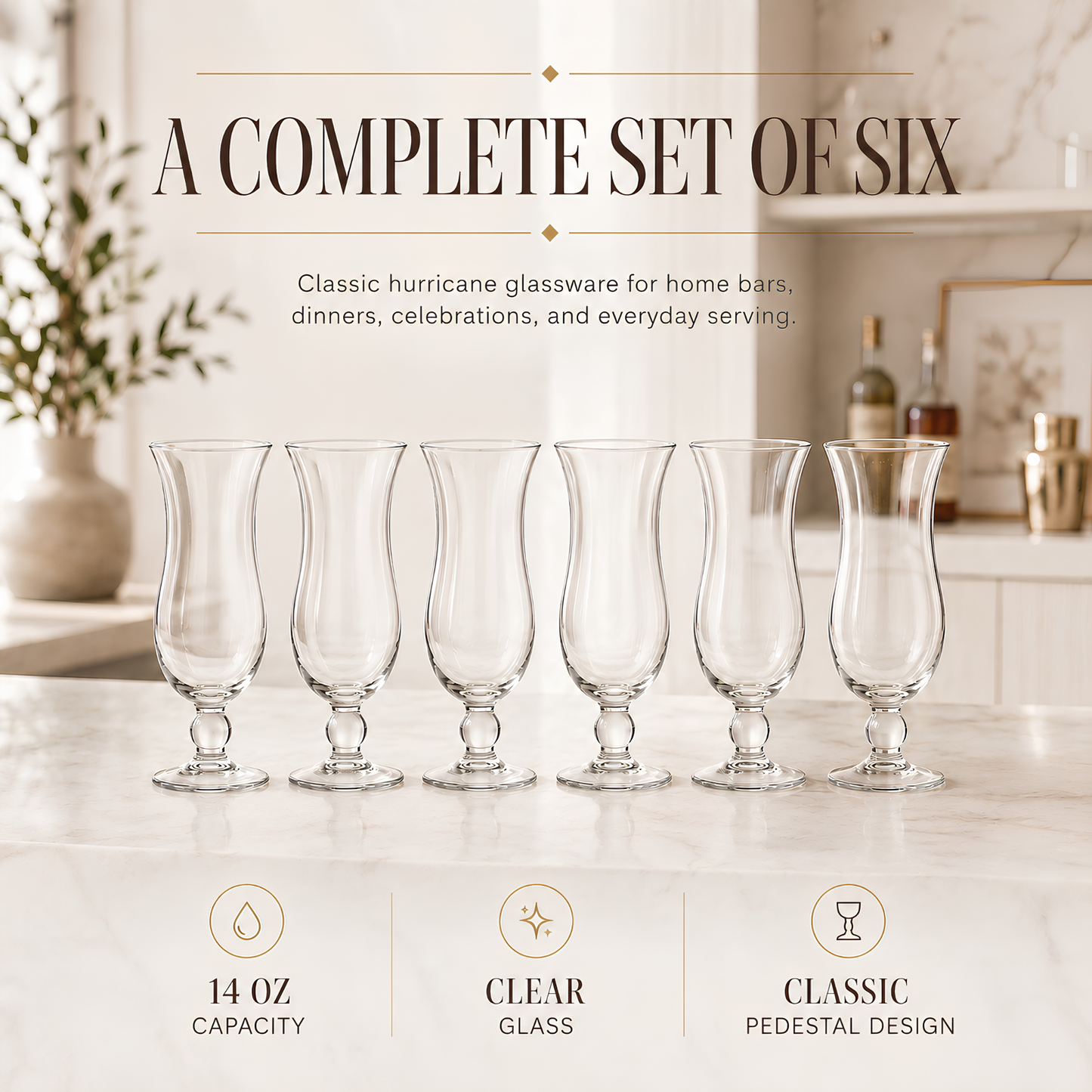Set of 6 Tall Hurricane Glasses for Home and Bar