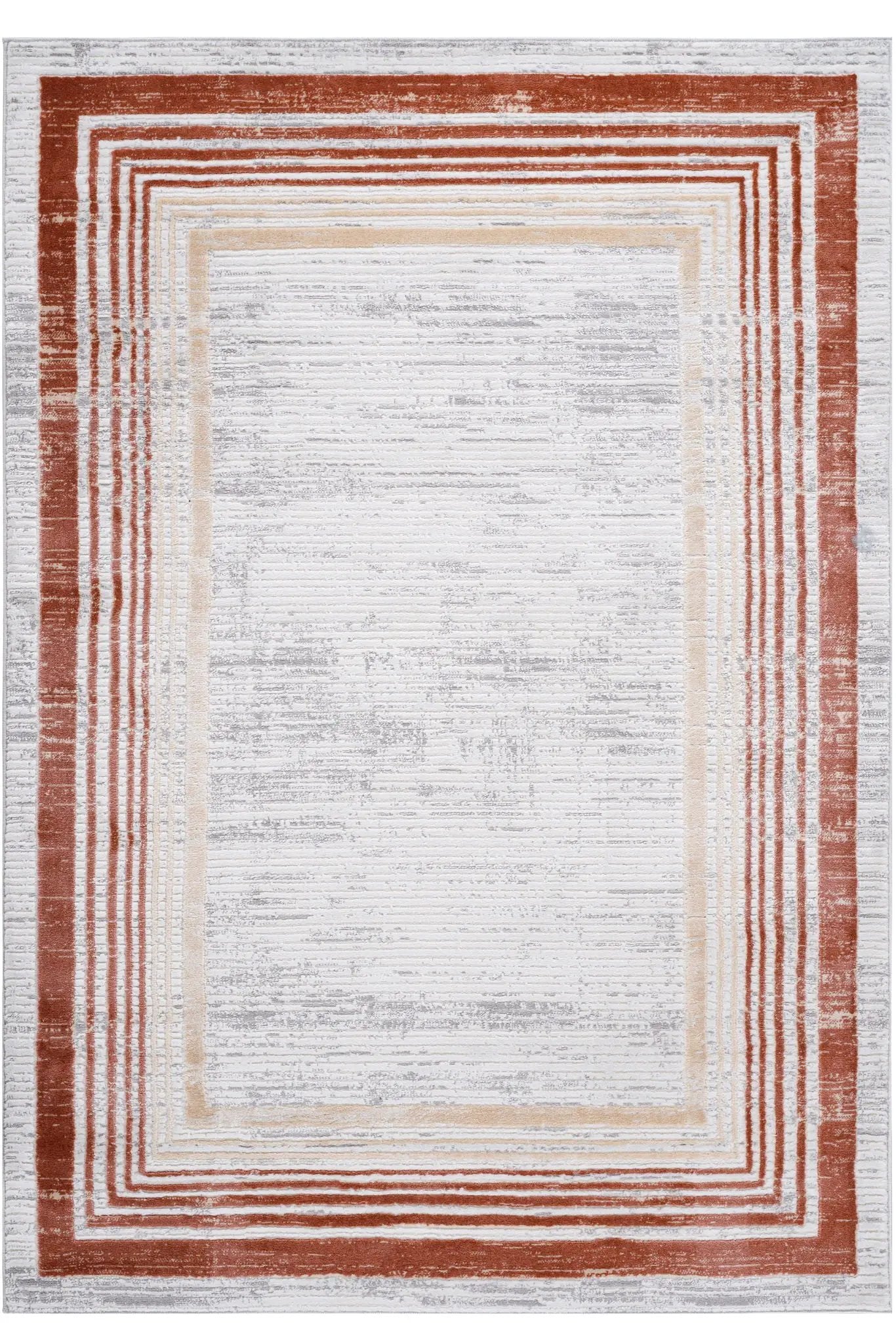 Marfi bordered area rug with rust border and beige inner borders, distressed gray center on Tampa Home & Garden Store