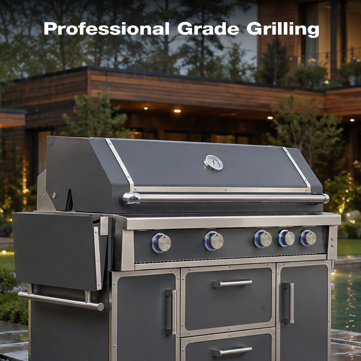 Navratil Premium 49in stainless steel gas grill with 4 blue-ring knobs on Tampa Home & Garden Store