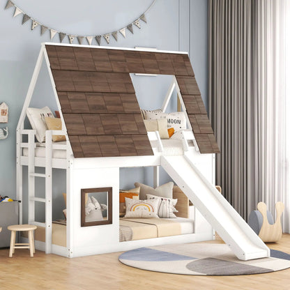 Wood twin-size house bunk bed with roof, white frame and brown wood panels, ladder and slide on Tampa Home & Garden Store