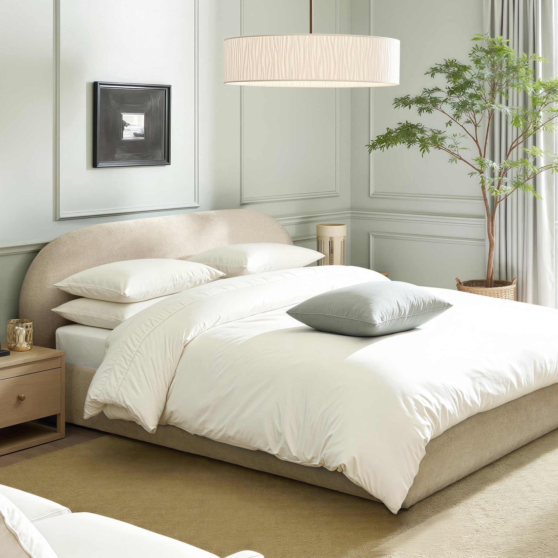 Archie Puffy Grounded Upholstered Platform Bed in Oatmeal Light by HouseOfZazla on Tampa Home & Garden Store