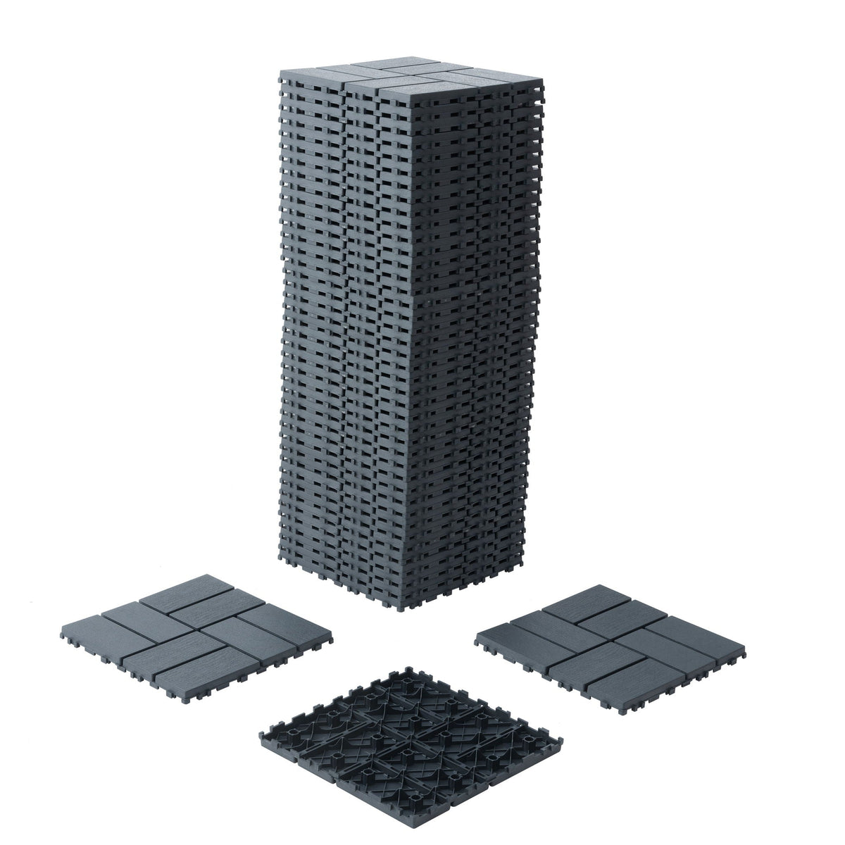 Interlocking deck tiles in dark gray, 44-pack with easy installation, stacked with loose tiles nearby on Tampa Home & Garden Store