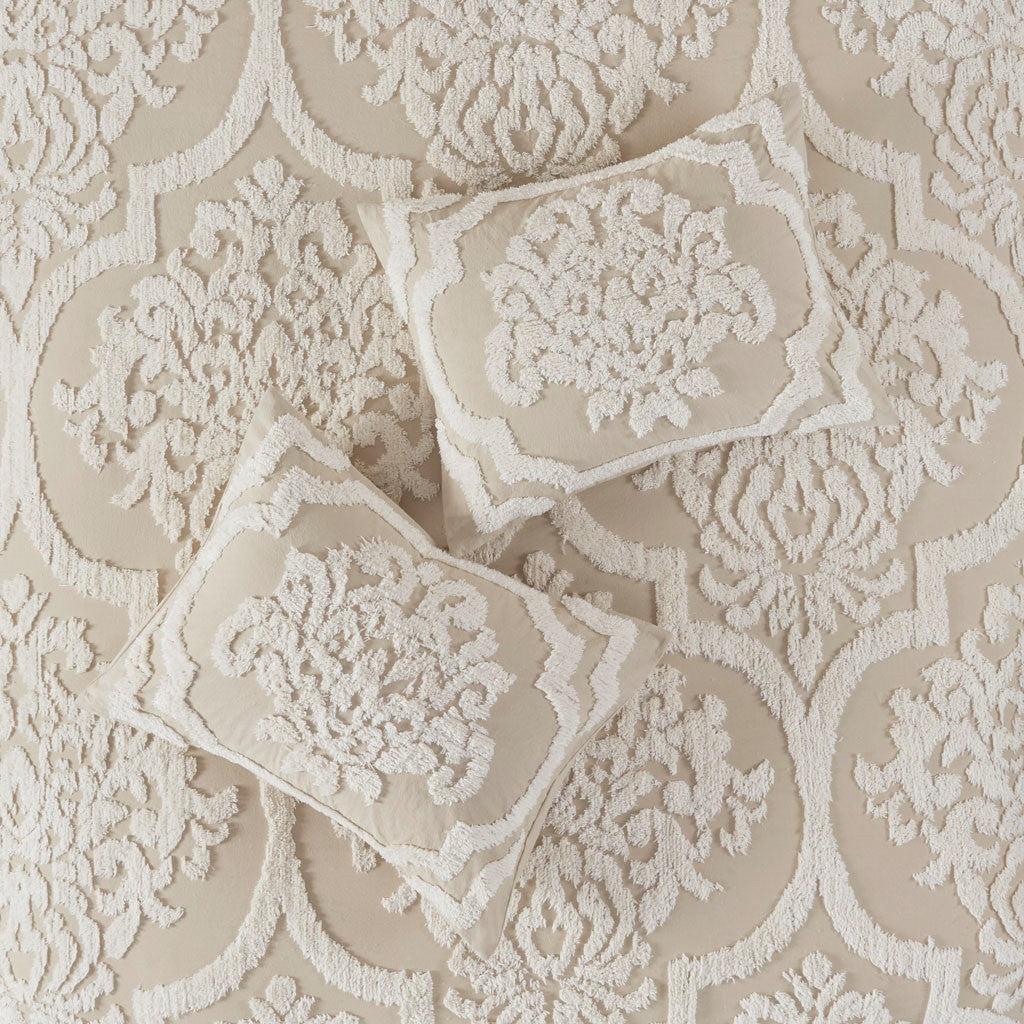 King/Cal King 3pc Tufted Cotton Chenille Damask Duvet Cover Set beige by HouseOfZazla on Tampa Home & Garden Store
