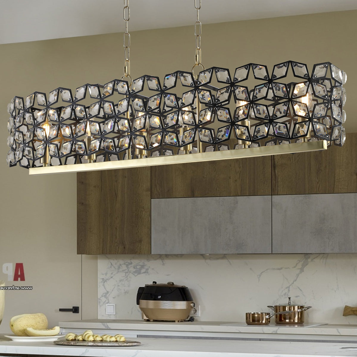39in Black-Gold Pendant Chandelier HouseOfZazla with geometric black frame and crystal prisms on Tampa Home & Garden Store