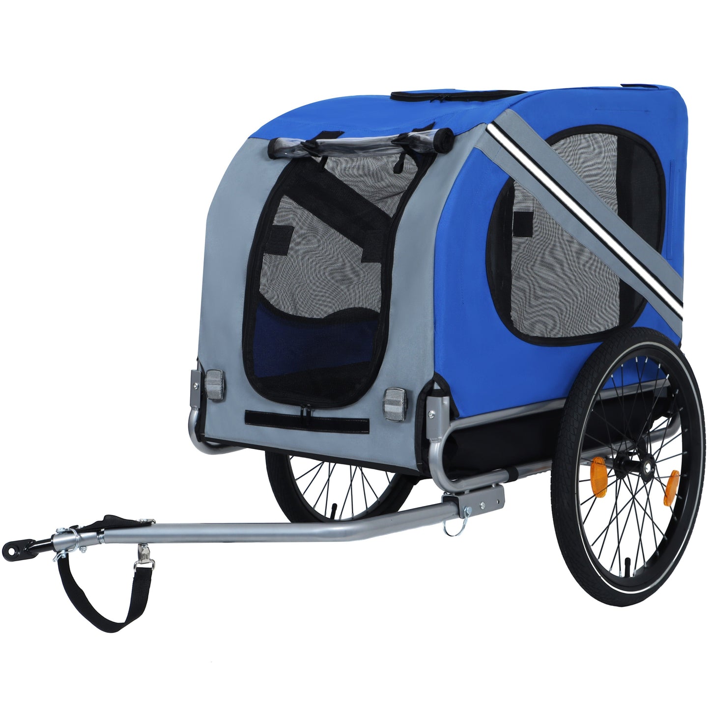 HouseOfZazla blue folding dog trailer with gray frame and mesh panels, bike hitch and wheels 66lb capacity on Tampa Home & Garden Store