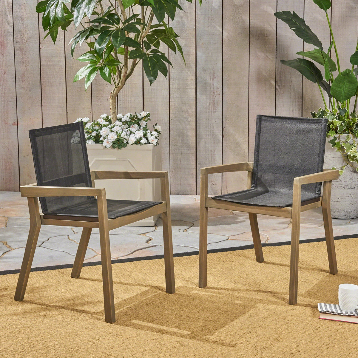 Belfast Dining Chair Set with Mesh Seating – Acacia Wood Frame, Outdoor Set of 2 HouseOfZazla on Tampa Home & Garden Store