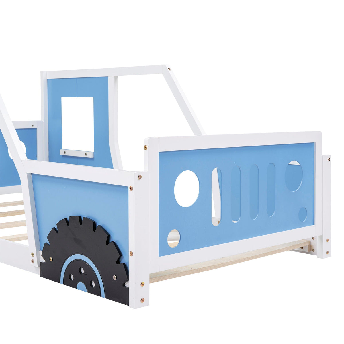 Classic car-shaped platform bed with wheels, blue panels, white frame on Tampa Home & Garden Store