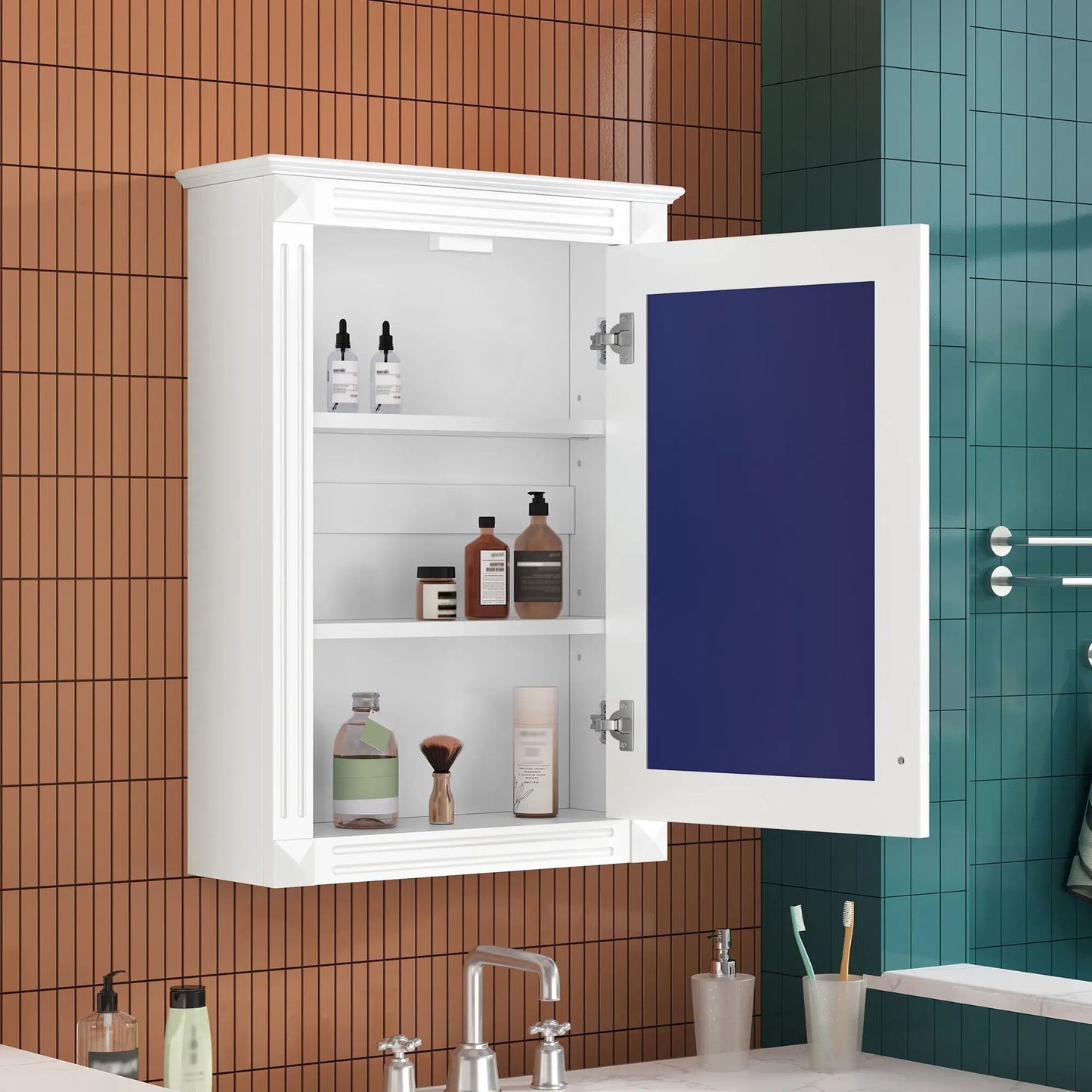 Wall-mounted white medicine cabinet over toilet with mirror; open shelves hold bottles on Tampa Home & Garden Store