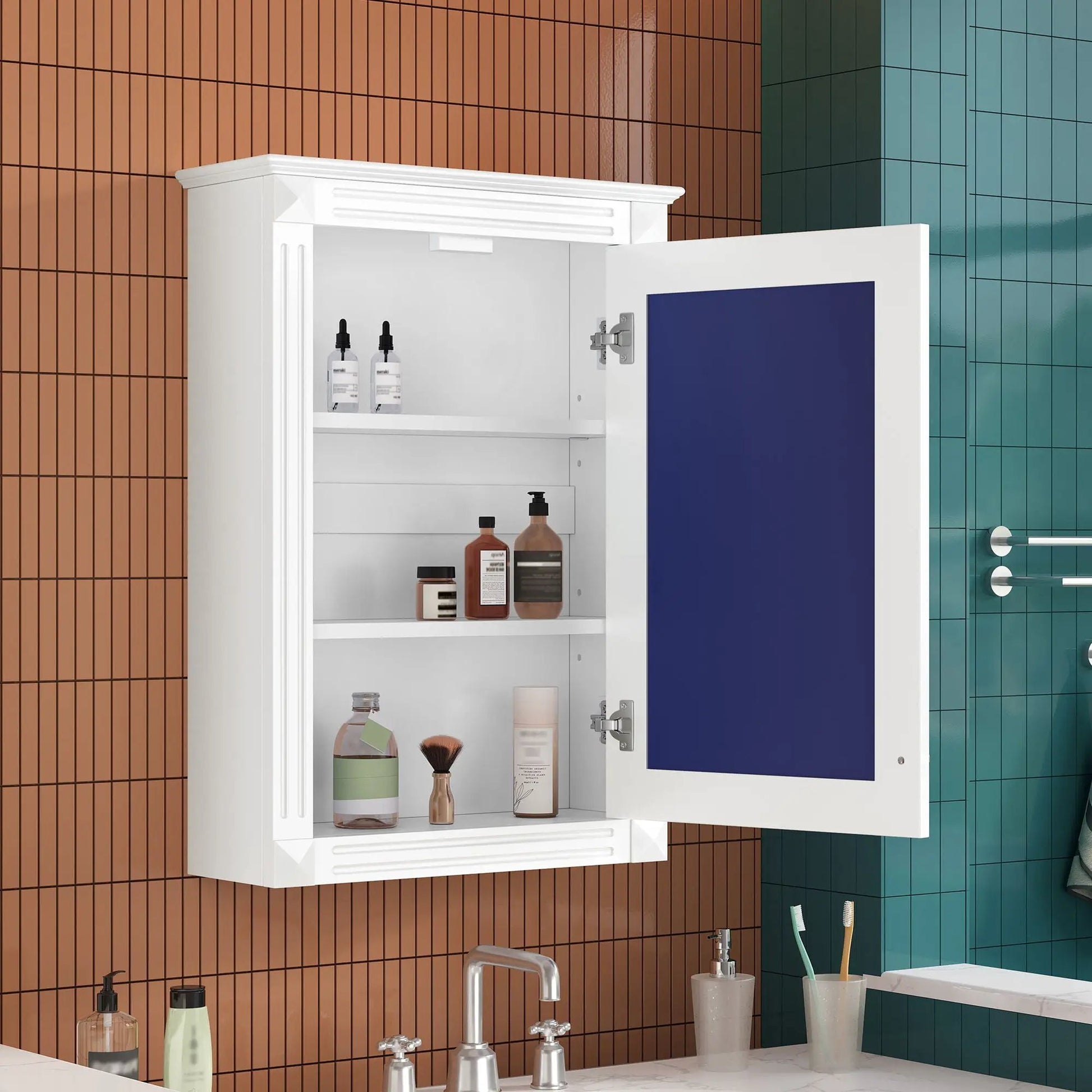 Wall-mounted white medicine cabinet over toilet with mirror; open shelves hold bottles on Tampa Home & Garden Store