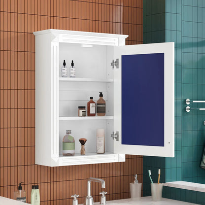 Wall-mounted white medicine cabinet over toilet with mirror; open shelves hold bottles on Tampa Home & Garden Store