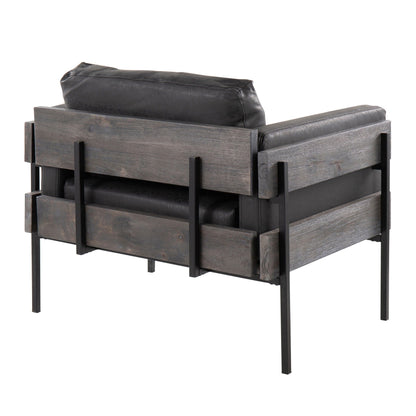 Kari farmhouse accent chair with dark wood frame and black leather cushions by HouseOfZazla on Tampa Home & Garden Store