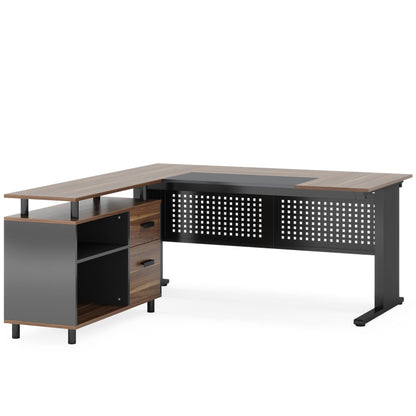 L-Shaped executive desk with file cabinet, wood top, black metal frame, shelves and drawers on Tampa Home & Garden Store