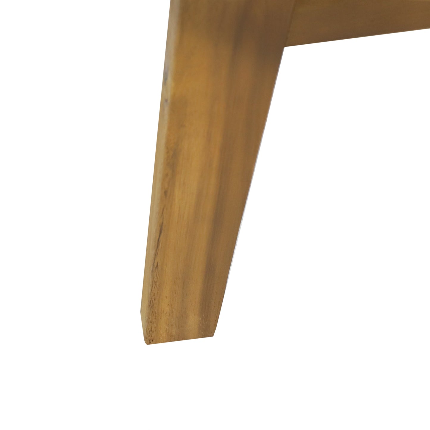 Acacia wood outdoor seating leg close-up from a 2-person patio set on Tampa Home & Garden Store