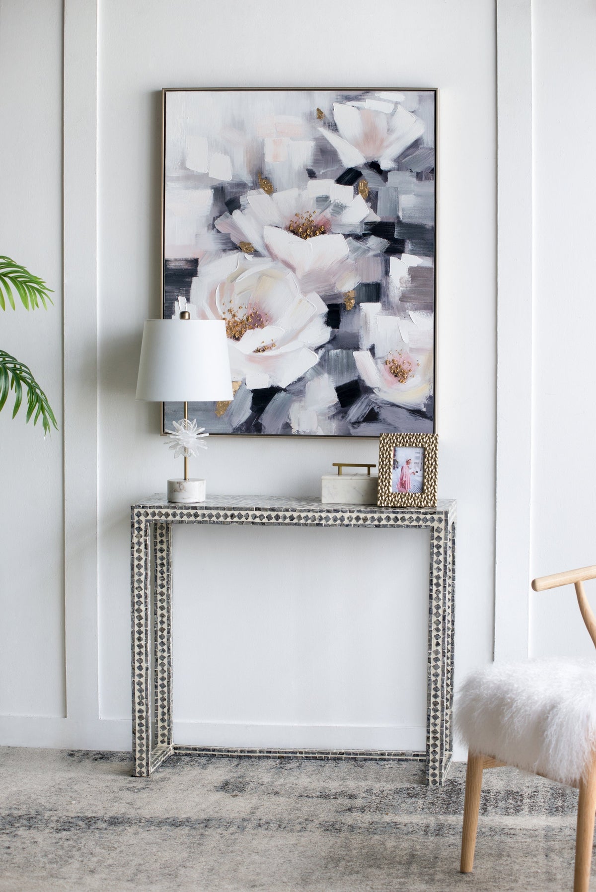 Wall Art Sarah Framed Floral Canvas in muted blue and pink with gold centers HouseOfZazla on Tampa Home & Garden Store