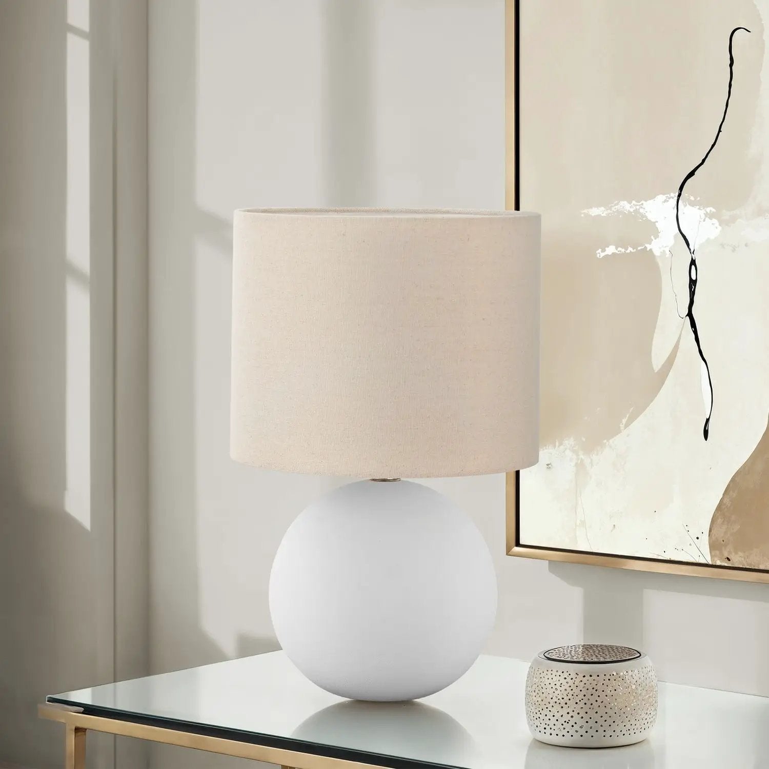Table lamp cream resin ceramic base with beige fabric shade by Unique Piece Furniture on Tampa Home & Garden Store