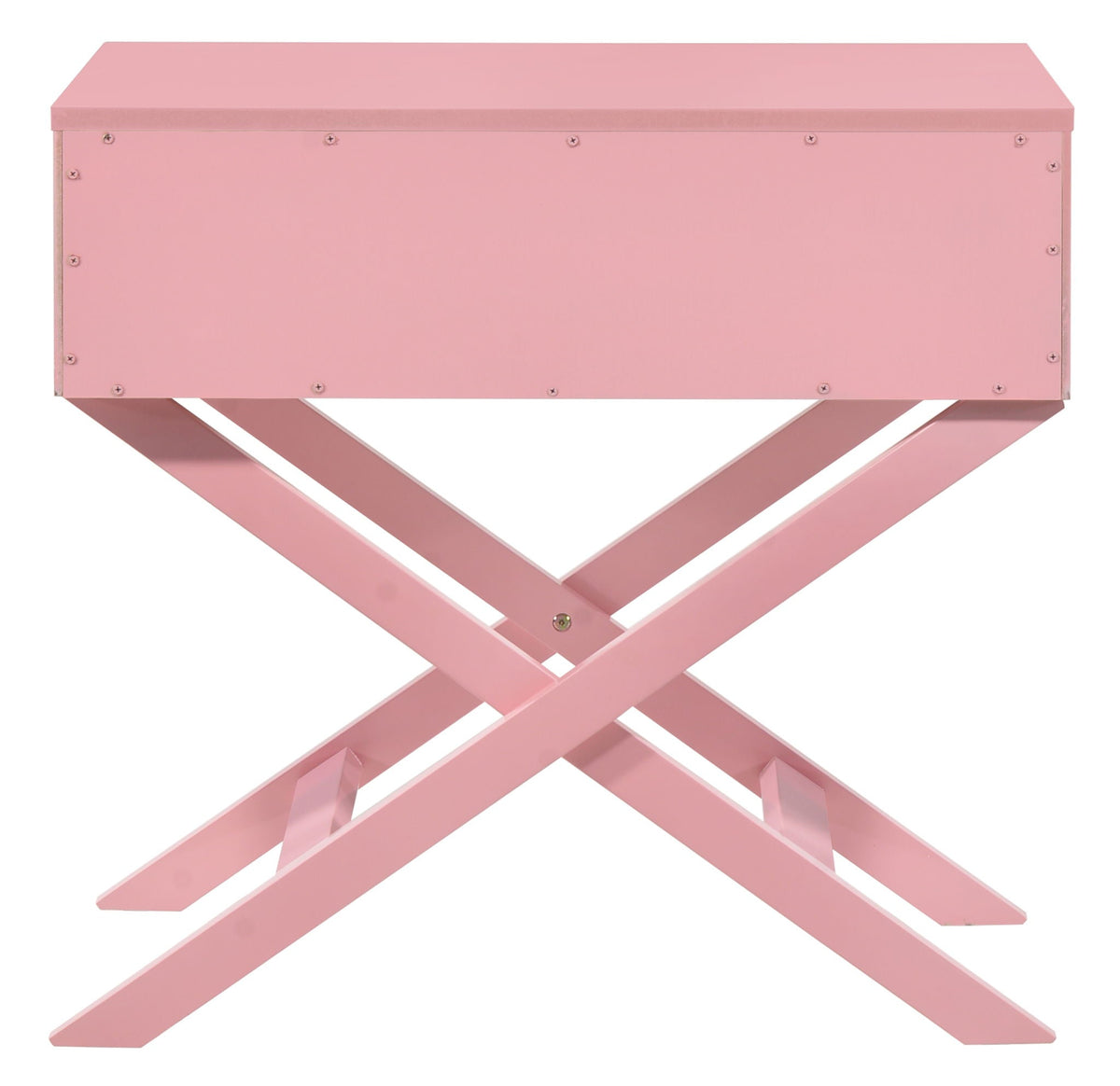 Accent nightstand in pink with metal frame and crisscross legs on Tampa Home & Garden Store