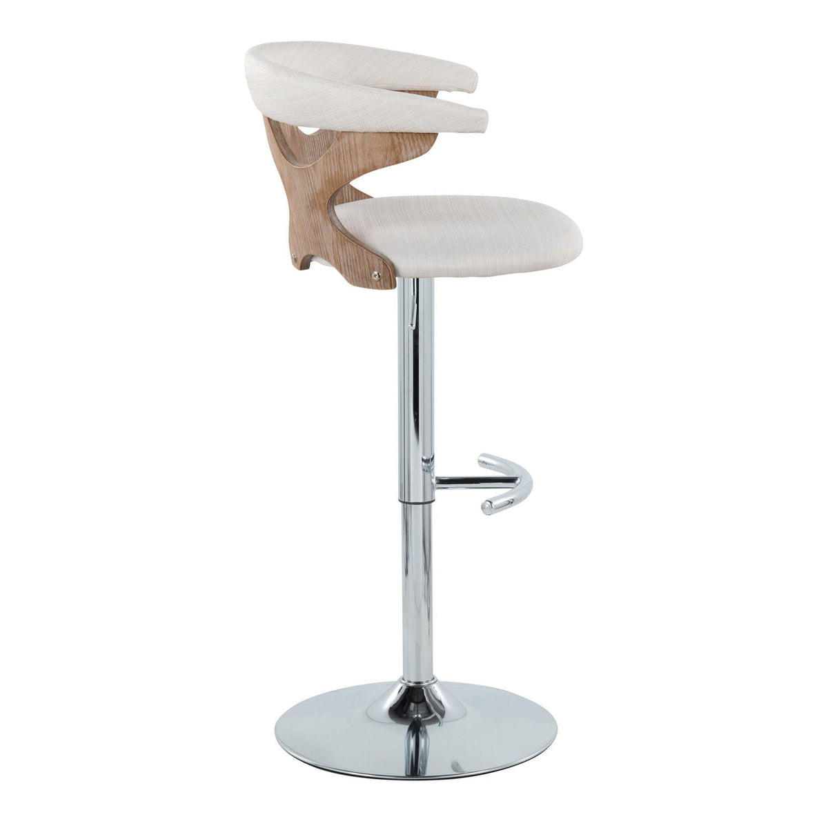 Contemporary adjustable barstool with swivel, cream upholstered seat and rounded wood back on Tampa Home & Garden Store
