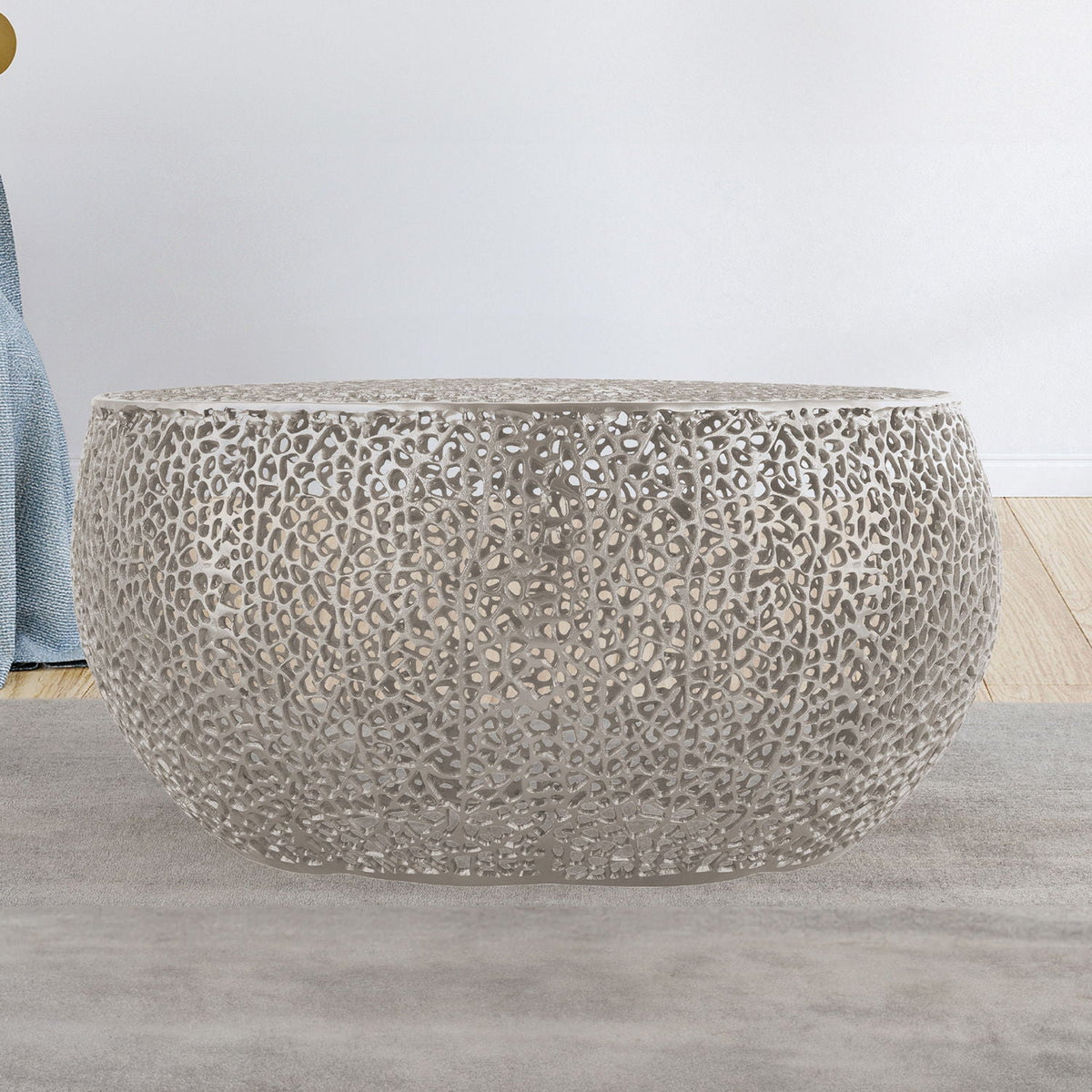 Round aluminum coffee table with pearl silver lattice metalwork by HouseOfZazla on Tampa Home & Garden Store