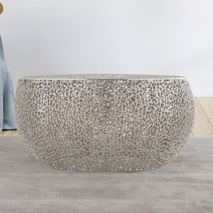Round aluminum coffee table with pearl silver lattice metalwork by HouseOfZazla on Tampa Home & Garden Store
