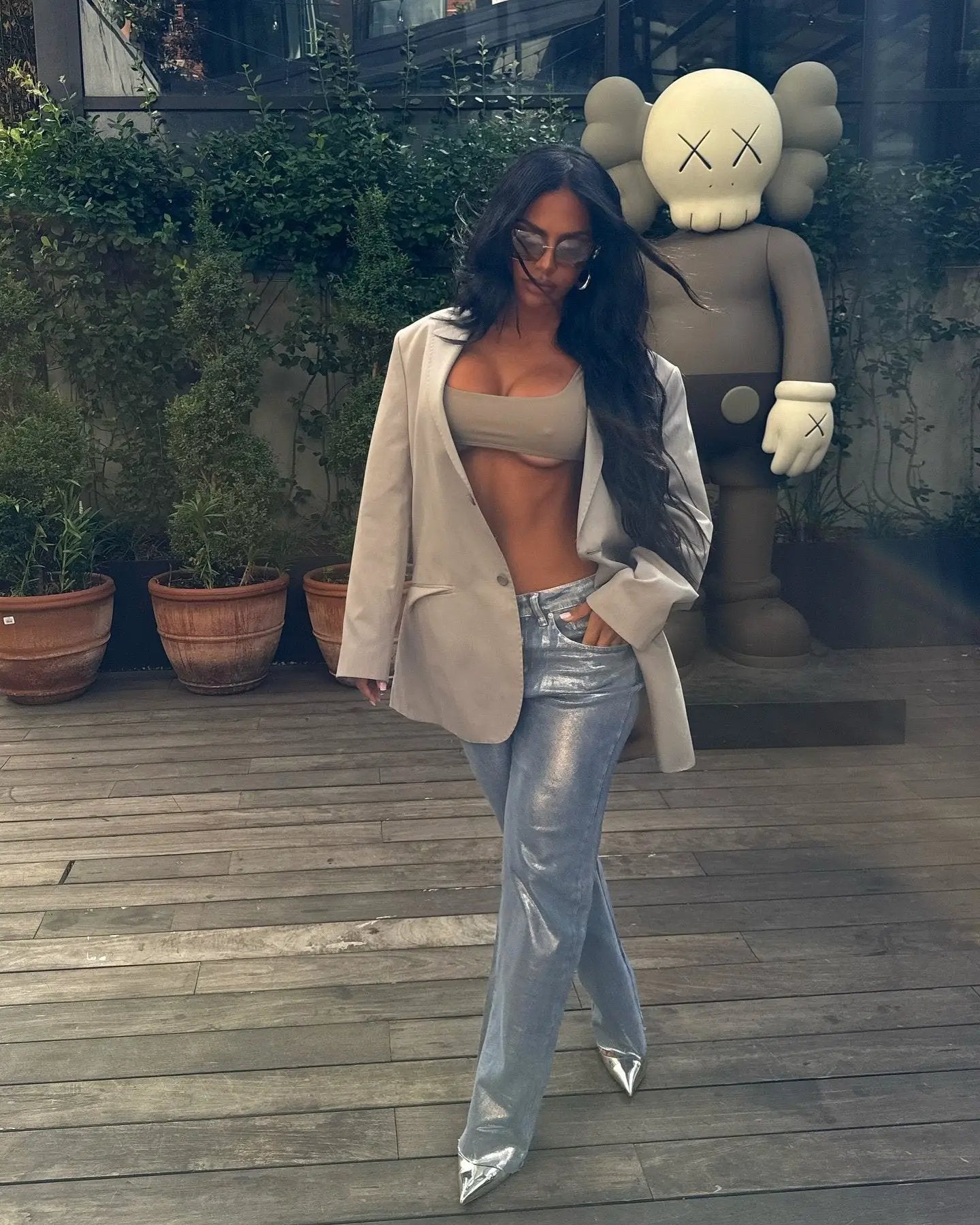 Silver metallic loose jeans FLIPSTYLEZLLC with beige blazer and cropped top streetwear on Tampa Home & Garden Store