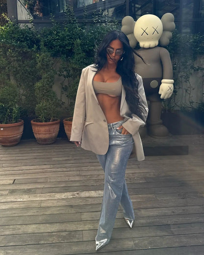 Silver metallic loose jeans FLIPSTYLEZLLC with beige blazer and cropped top streetwear on Tampa Home & Garden Store