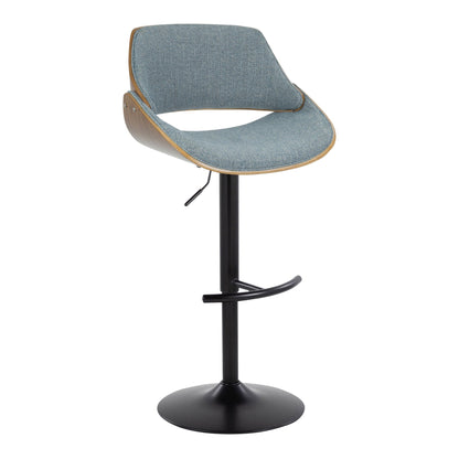 Mid-Century adjustable bar stool with blue seat and rounded T-footrest, black pedestal base on Tampa Home & Garden Store