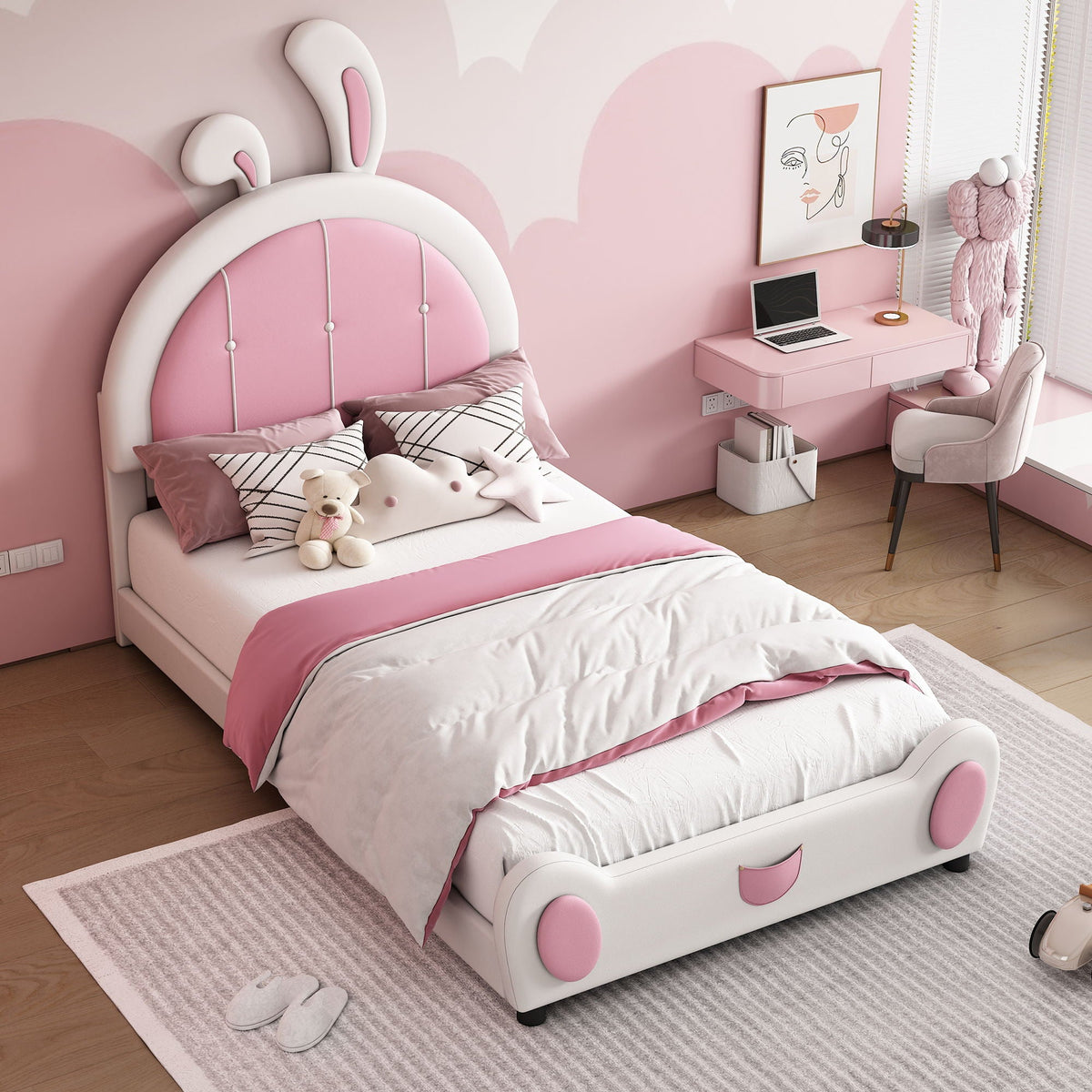 Upholstered platform bed with a rabbit-shaped headboard in pink and white by HouseOfZazla on Tampa Home & Garden Store