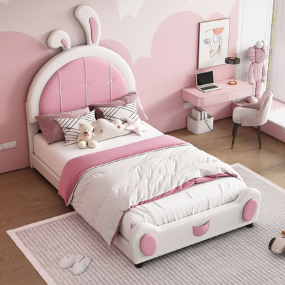 Upholstered platform bed with a rabbit-shaped headboard in pink and white by HouseOfZazla on Tampa Home & Garden Store