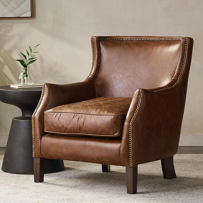 Classic Vintage Brown Leather Lounge Accent Chair