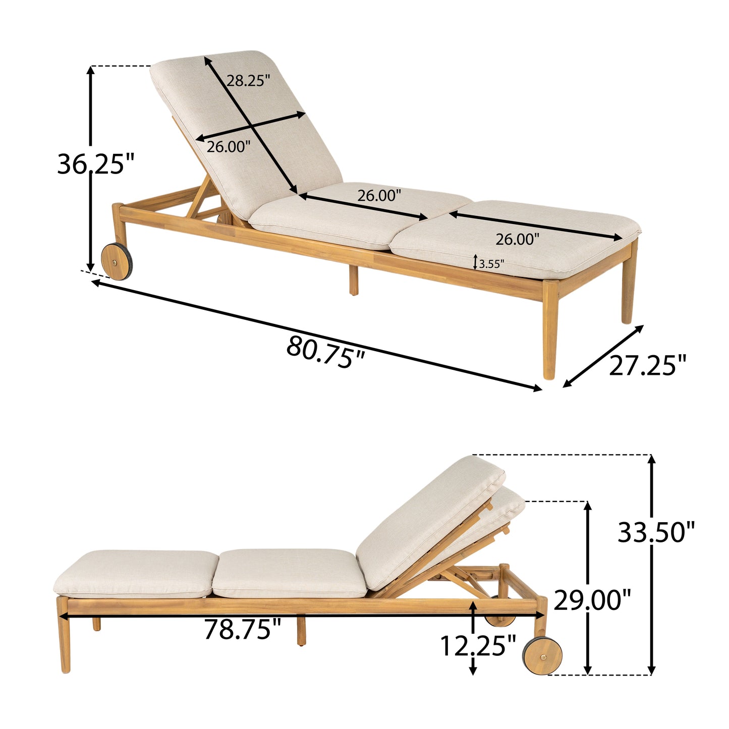 Riviera Outdoor Chaise Lounge set of 2 with acacia wood frame and wheels beige cushions on Tampa Home & Garden Store