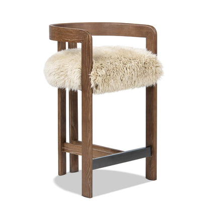 Low back counter stool with cream sheepskin fur seat on dark brown wood, HouseOfZazla on Tampa Home & Garden Store
