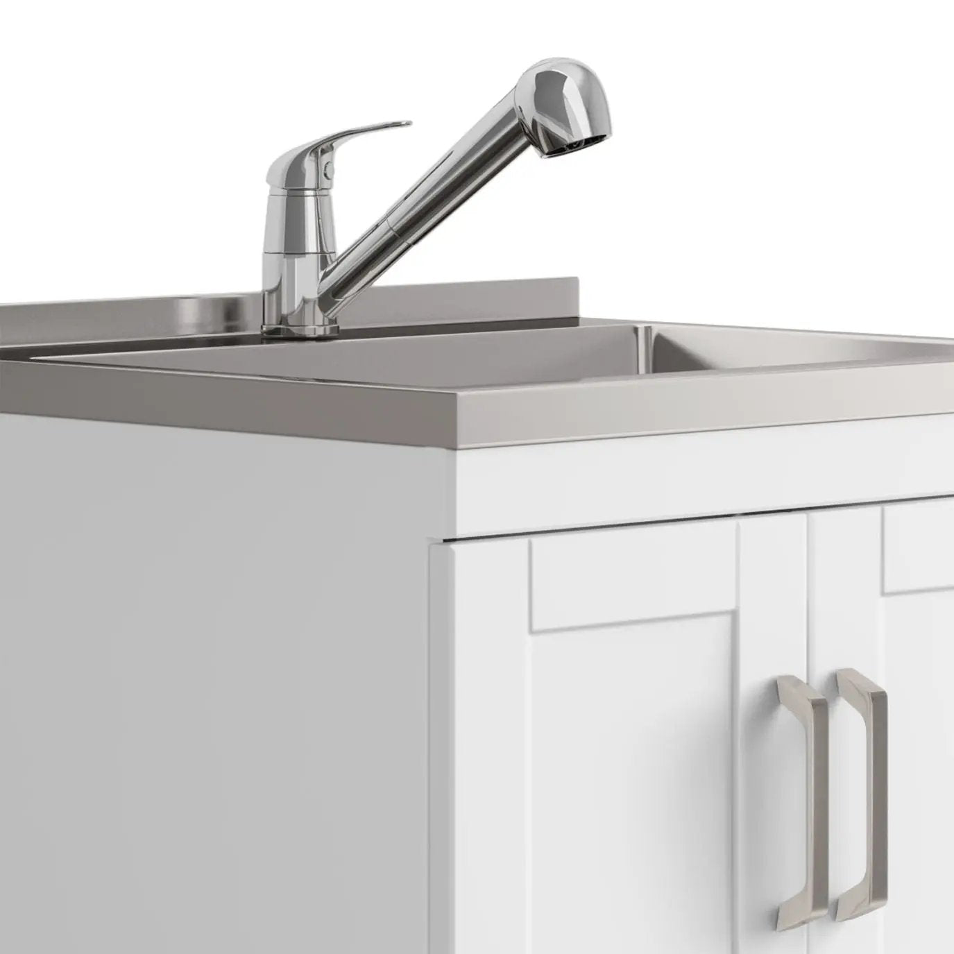 Kyle laundry vanity with chrome faucet and stainless steel sink on white cabinet on Tampa Home & Garden Store