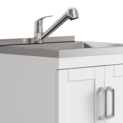 White laundry vanity with stainless steel sink, HouseOfZazla, chrome handles on Tampa Home & Garden Store