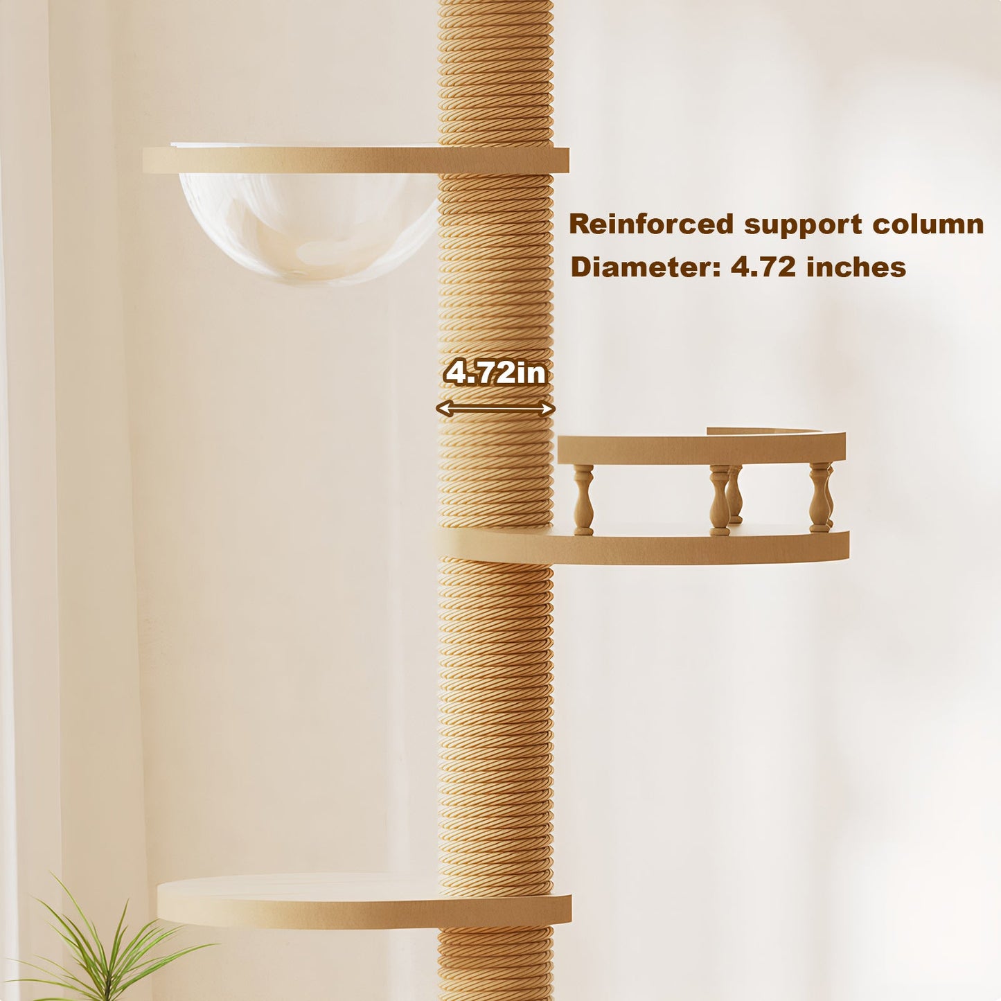 Floor-to-ceiling cat tree with adjustable height, rope-wrapped post and two beige platforms on Tampa Home & Garden Store