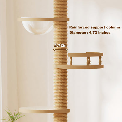 Floor-to-ceiling cat tree with adjustable height, rope-wrapped post and two beige platforms on Tampa Home & Garden Store