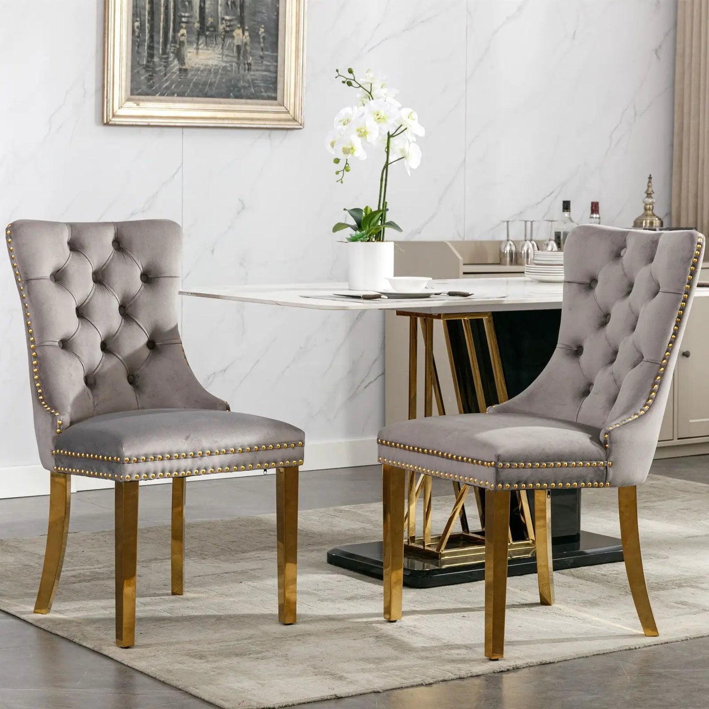 Nikki Modern Tufted Dining Chair Set of 2 gray velvet with gold legs Unique Piece Furniture on Tampa Home & Garden Store