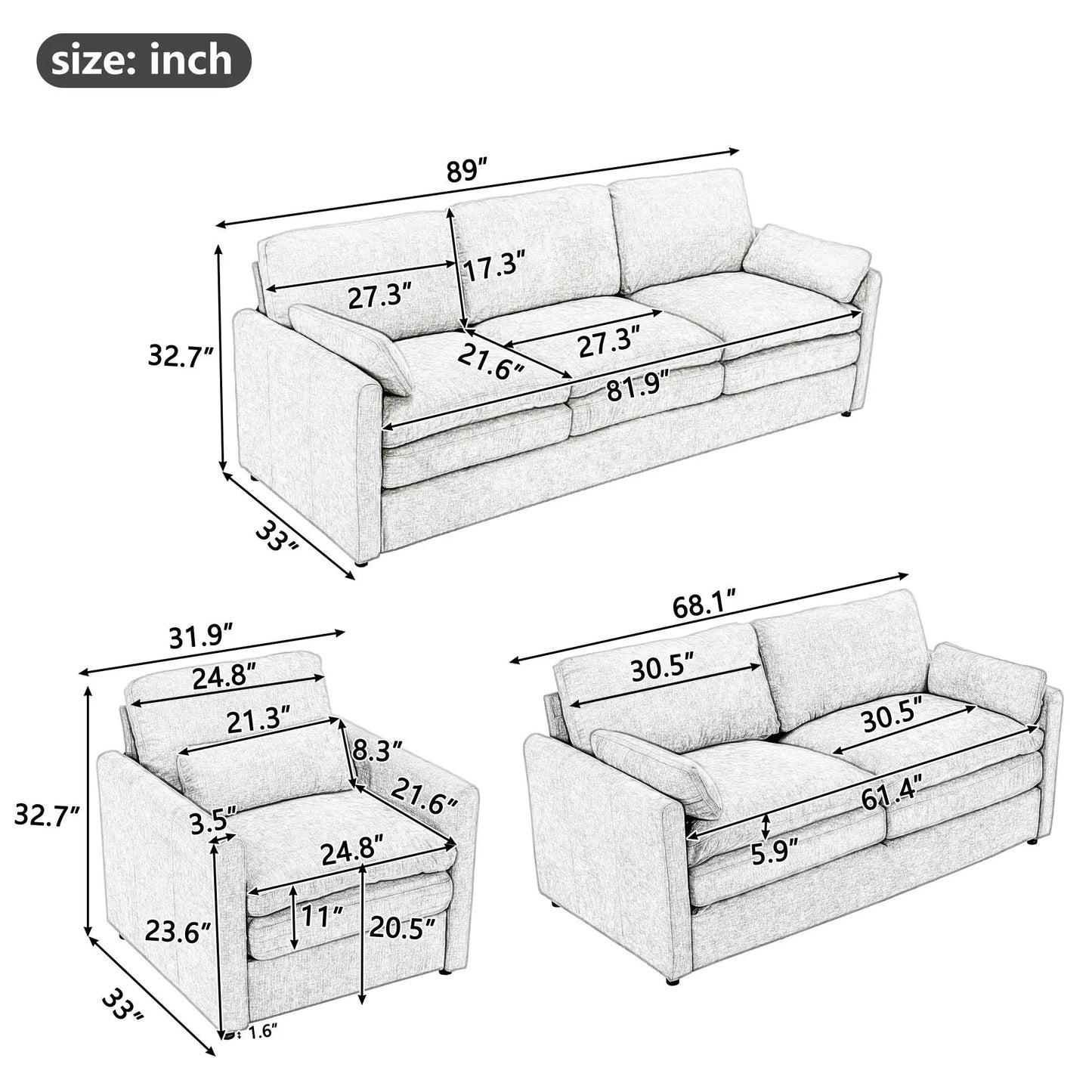 Cozy upholstered sofa set in light gray fabric, 3pc living room by Unique Piece Furniture on Tampa Home & Garden Store