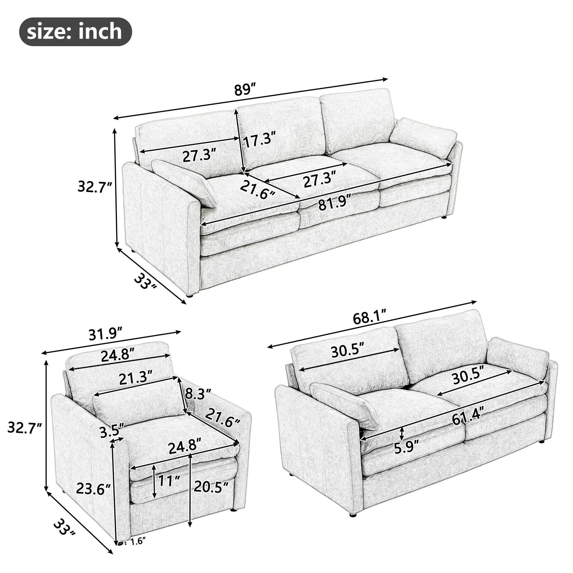Cozy upholstered sofa set in light gray fabric, 3pc living room by Unique Piece Furniture on Tampa Home & Garden Store
