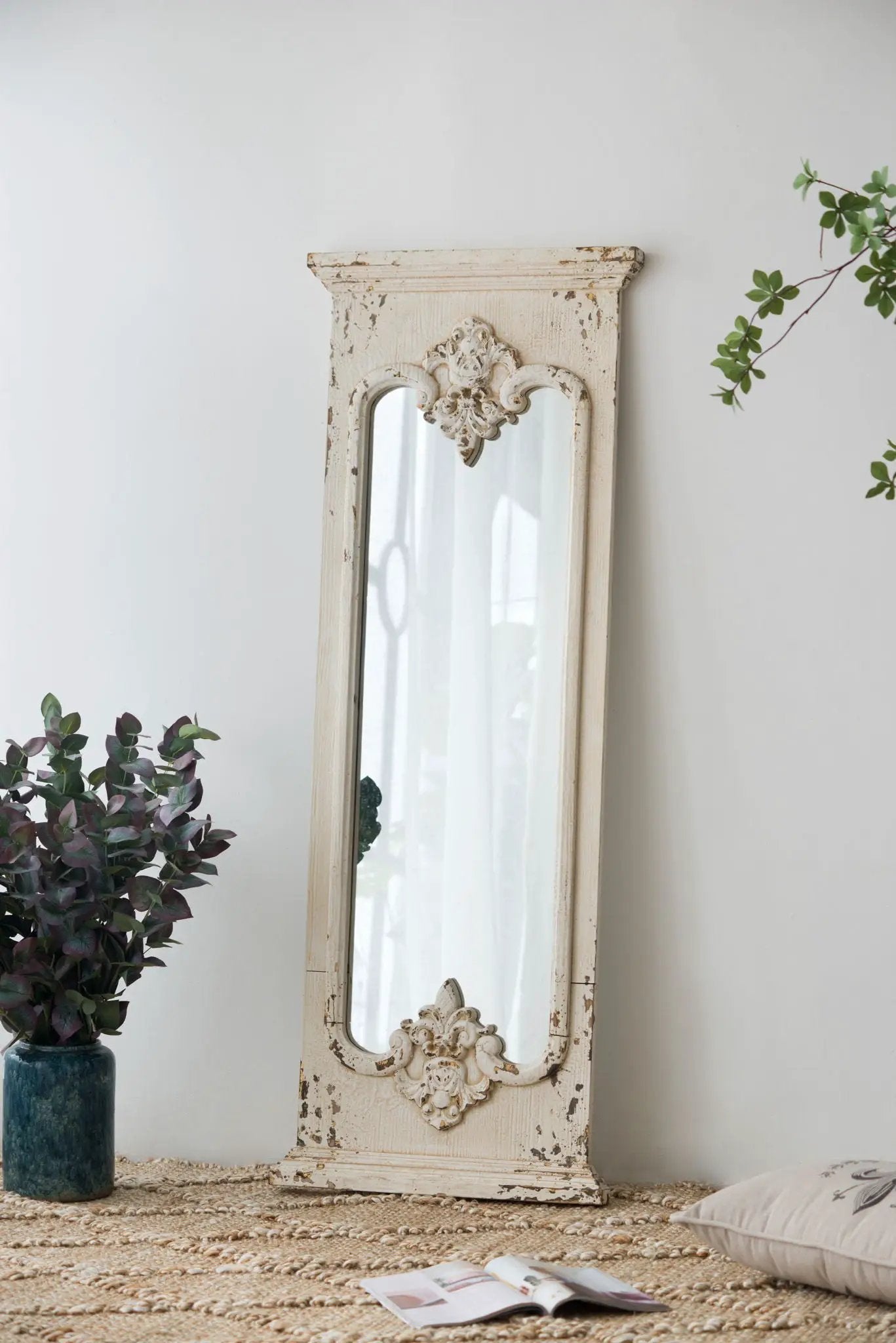 Full-length mirror with distressed white solid wood frame and ornate carvings, floor mirror on Tampa Home & Garden Store