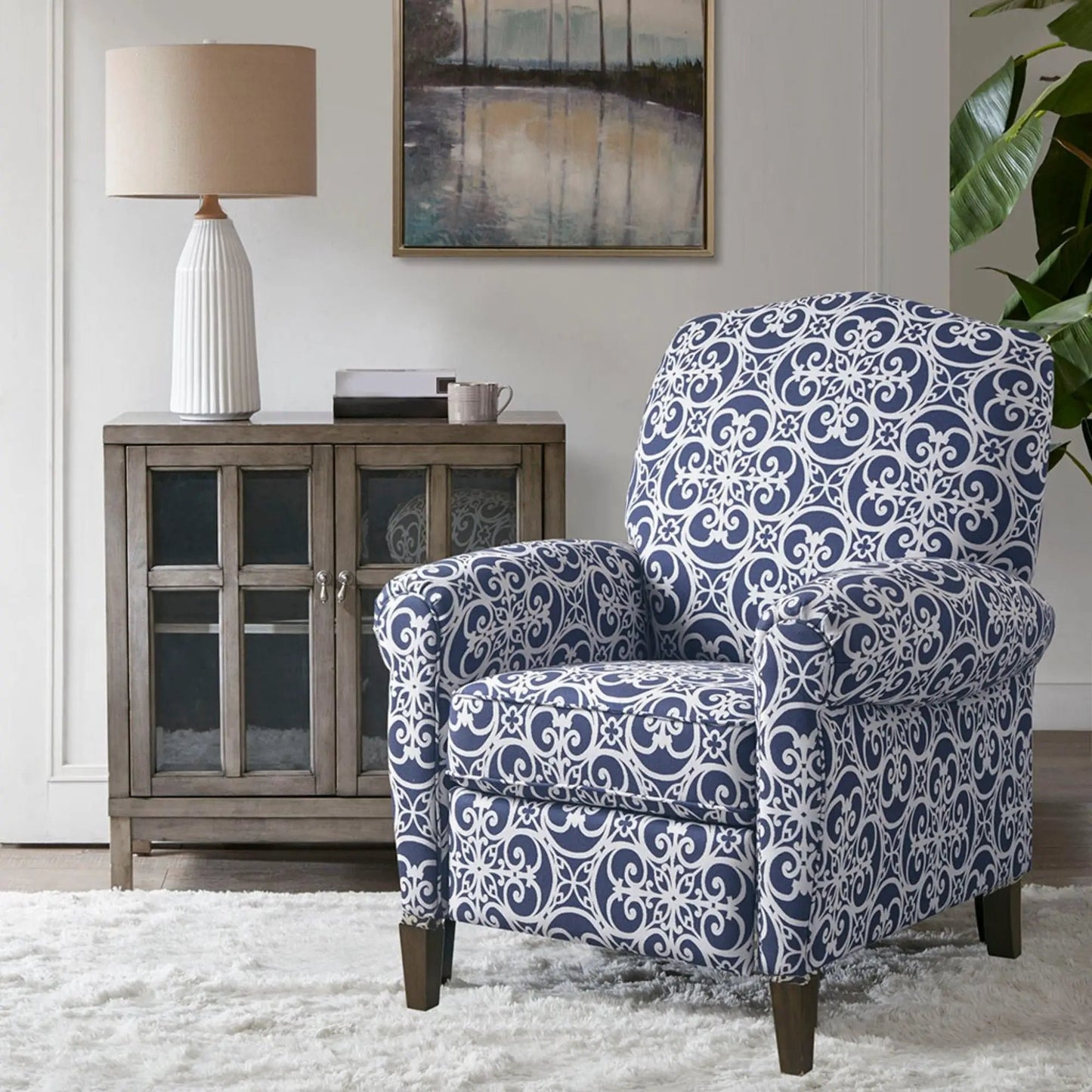 Kirby Transitional Push Back Recliner Chair blue and white patterned upholstery on Tampa Home & Garden Store