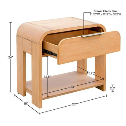 1 Drawer Waterfall Nightstand natural wood finish with curved mid-century edges on Tampa Home & Garden Store