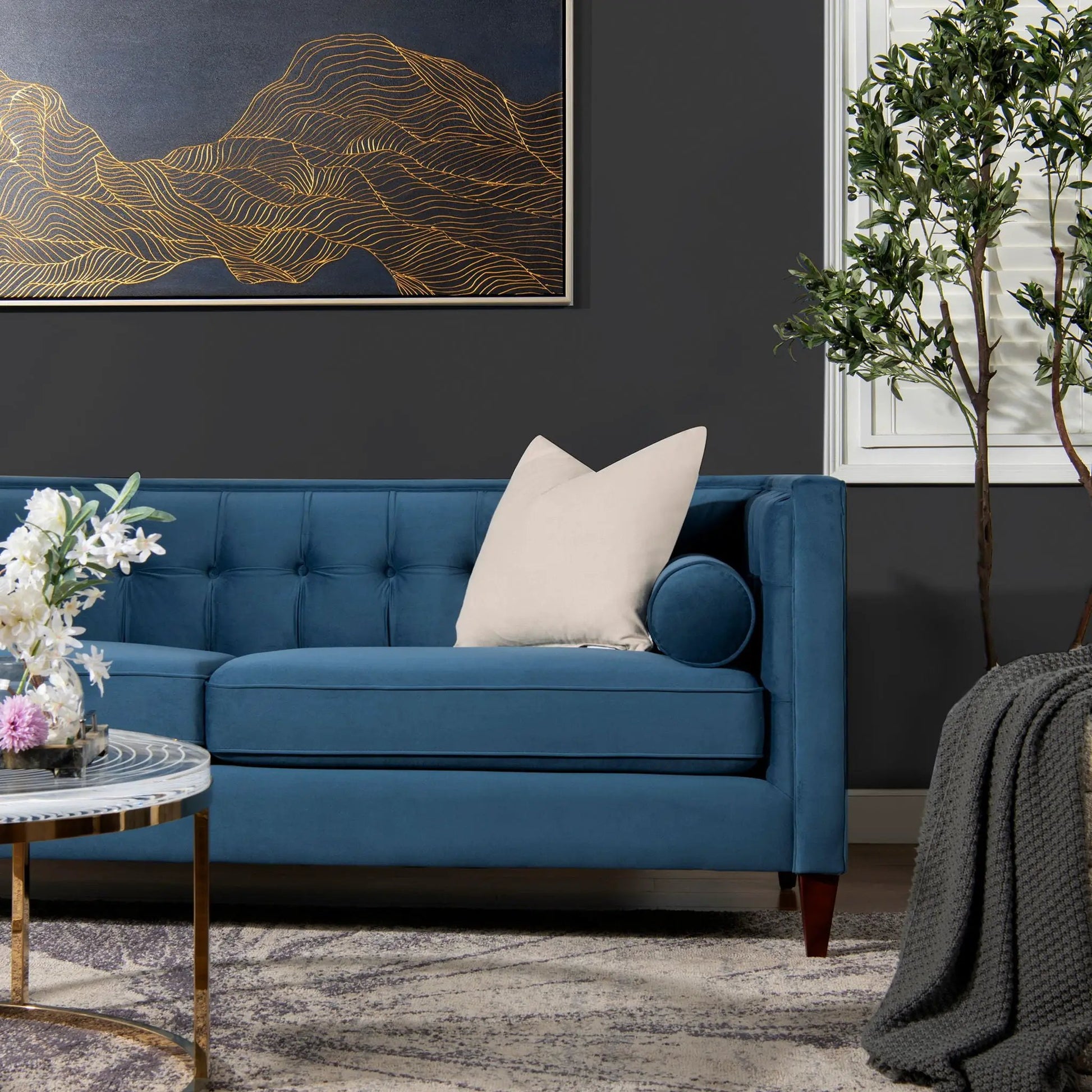 Jack Modern Tuxedo Tufted Sofa blue velvet by Unique Piece Furniture stationary sofa on Tampa Home & Garden Store